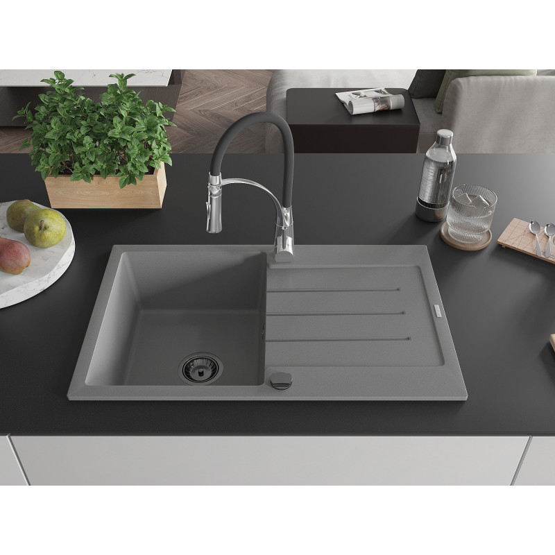 Mexen Bruno granite sink 1-bowl with drainer and kitchen faucet Aster, gray - 6513-71-73450-07-B