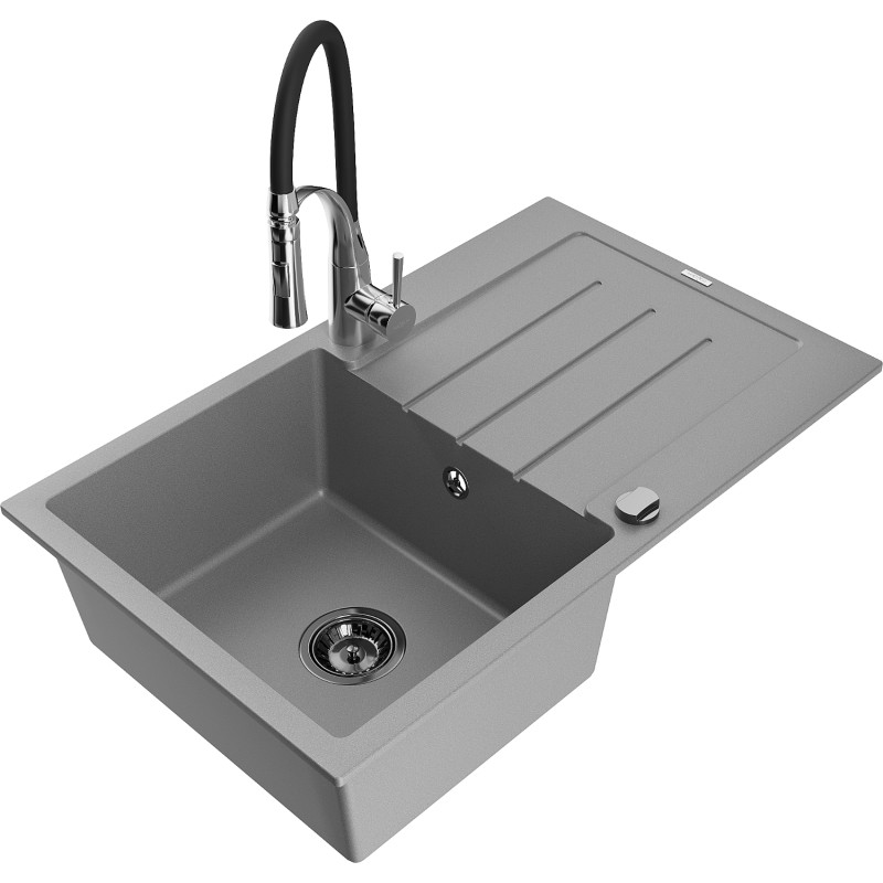 Mexen Bruno granite single-bowl sink with drainer and Aster kitchen faucet, gray - 6513-71-73450-07-B