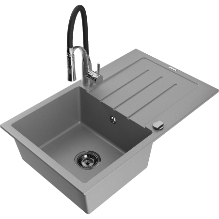 Mexen Bruno granite single-bowl sink with drainer and Aster kitchen faucet, gray - 6513-71-73450-07-B