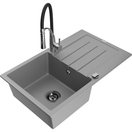 Mexen Bruno granite sink 1-bowl with drainer and kitchen faucet Aster, gray - 6513-71-73450-07-B