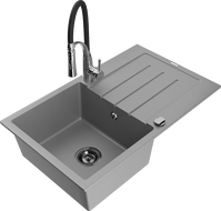 Mexen Bruno 1-compartment granite sink with a drip tray and kitchen mixer tap Aster, Grey - 6513-71-73450-07-B