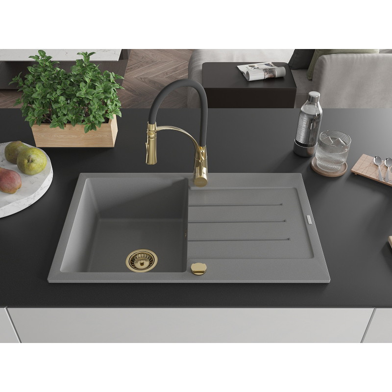 Mexen Bruno 1-bowl granite sink with drainer and kitchen faucet Aster, grey - 6513-71-73450-57-G