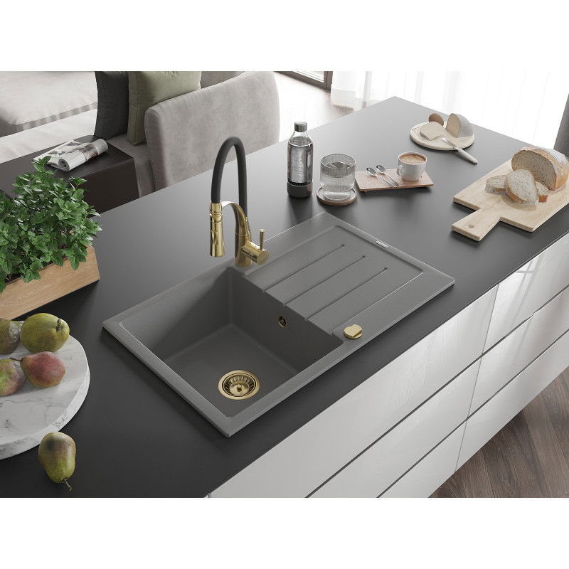 Mexen Bruno 1-bowl granite sink with drainer and Aster kitchen tap, grey - 6513-71-73450-57-G