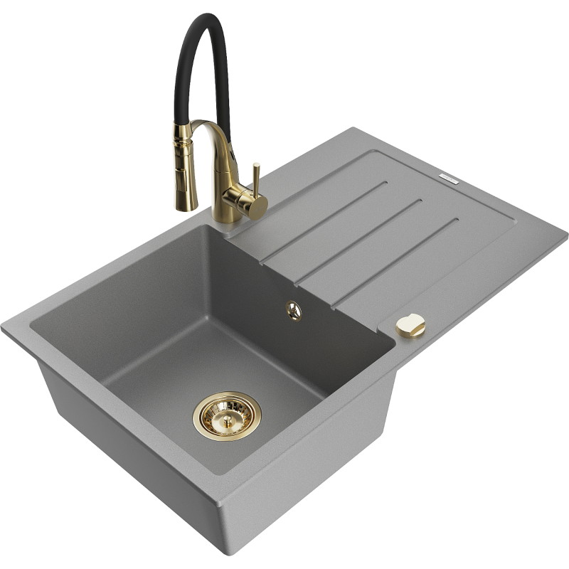 Mexen Bruno 1-bowl granite sink with drainer and kitchen faucet Aster, gray - 6513-71-73450-57-G