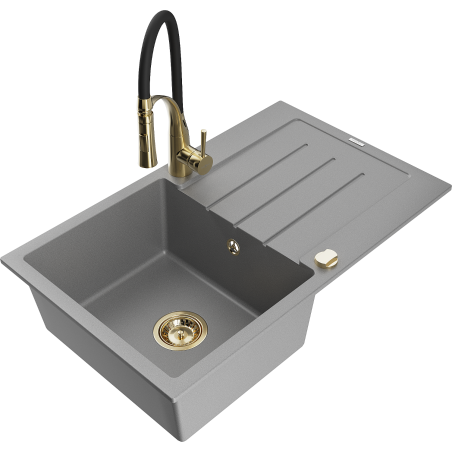 Mexen Bruno 1-compartment granite sink with a drip tray and kitchen mixer tap Aster, Grey - 6513-71-73450-57-G