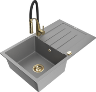 Mexen Bruno 1-bowl granite sink with drainer and Aster kitchen tap, grey - 6513-71-73450-57-G