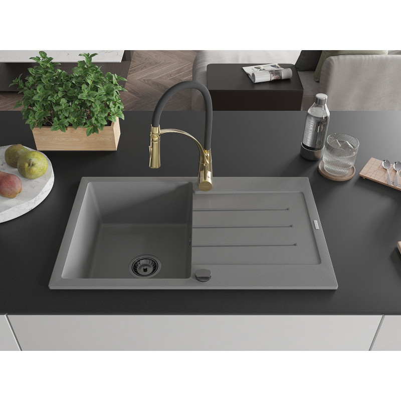 Mexen Bruno 1-bowl granite sink with drainer and Aster kitchen faucet, gray - 6513-71-73450-57-B
