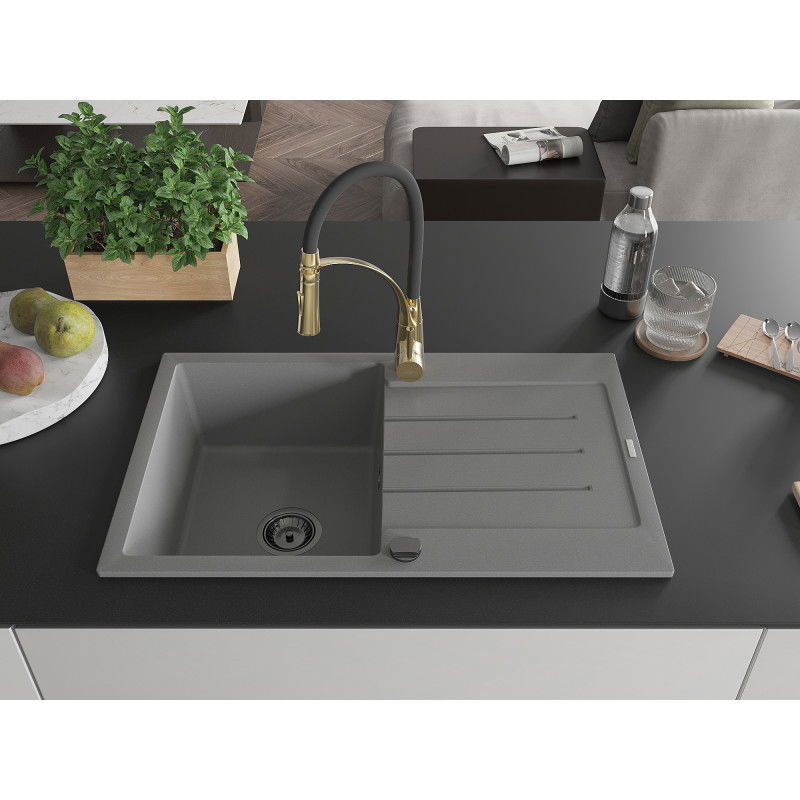 Mexen Bruno 1-bowl granite sink with drainer and Aster kitchen tap, grey - 6513-71-73450-57-B