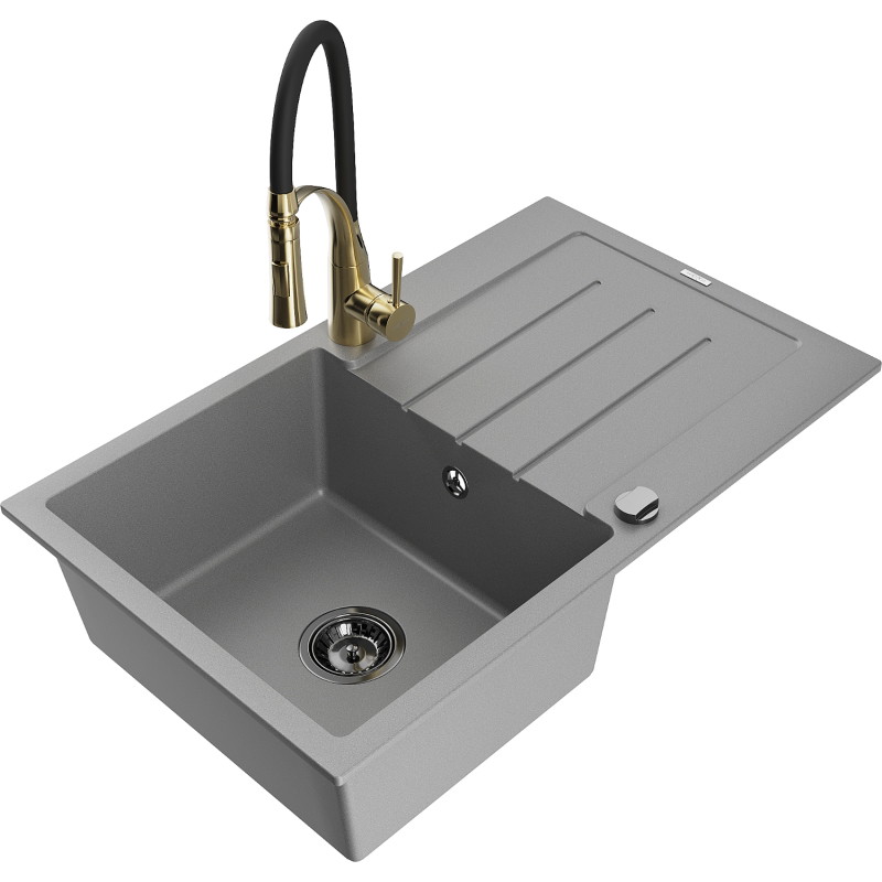 Mexen Bruno 1-bowl granite sink with drainer and Aster kitchen faucet, gray - 6513-71-73450-57-B