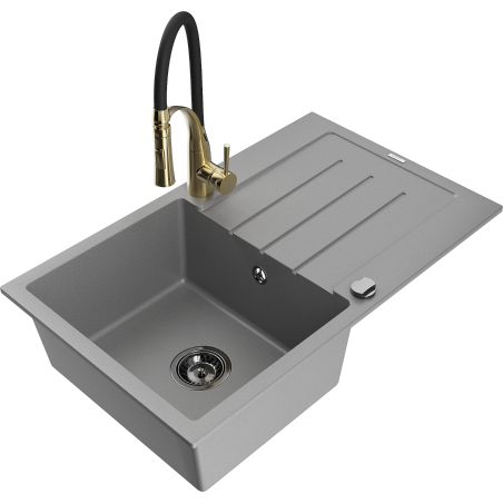 Mexen Bruno 1-bowl granite sink with drainer and Aster kitchen tap, grey - 6513-71-73450-57-B