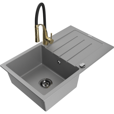Mexen Bruno 1-compartment granite sink with a drip tray and kitchen mixer tap Aster, Grey - 6513-71-73450-57-B