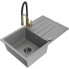 Mexen Bruno 1-bowl granite sink with drainer and Aster kitchen tap, grey - 6513-71-73450-57-B