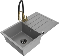 Mexen Bruno 1-bowl granite sink with drainer and Aster kitchen tap, grey - 6513-71-73450-57-B