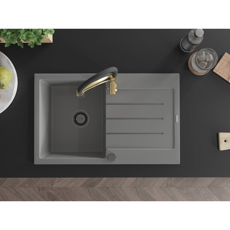 Mexen Bruno granite sink 1-bowl with drainer and kitchen faucet Aster, gray - 6513-71-73450-57-B