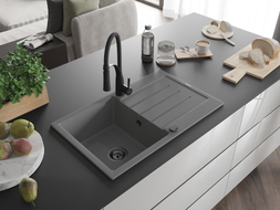 Mexen Bruno 1-bowl granite sink with drainer and Aster kitchen faucet, gray - 6513-71-73450-70-B