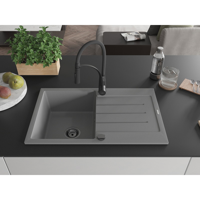 Mexen Bruno 1-bowl granite sink with drainer and Aster kitchen faucet, gray - 6513-71-73450-70-B