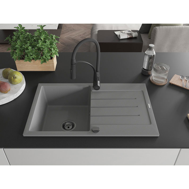 Mexen Bruno single-bowl granite sink with drainer and Aster kitchen tap, grey - 6513-71-73450-70-B