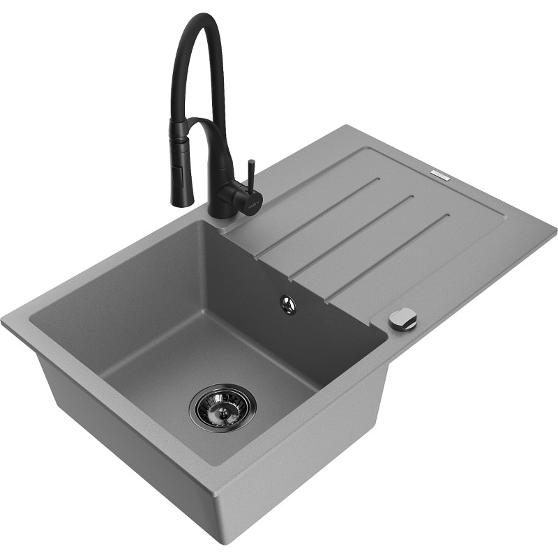 Mexen Bruno 1-bowl granite kitchen sink with drainer and Aster kitchen faucet, gray - 6513-71-73450-70-B