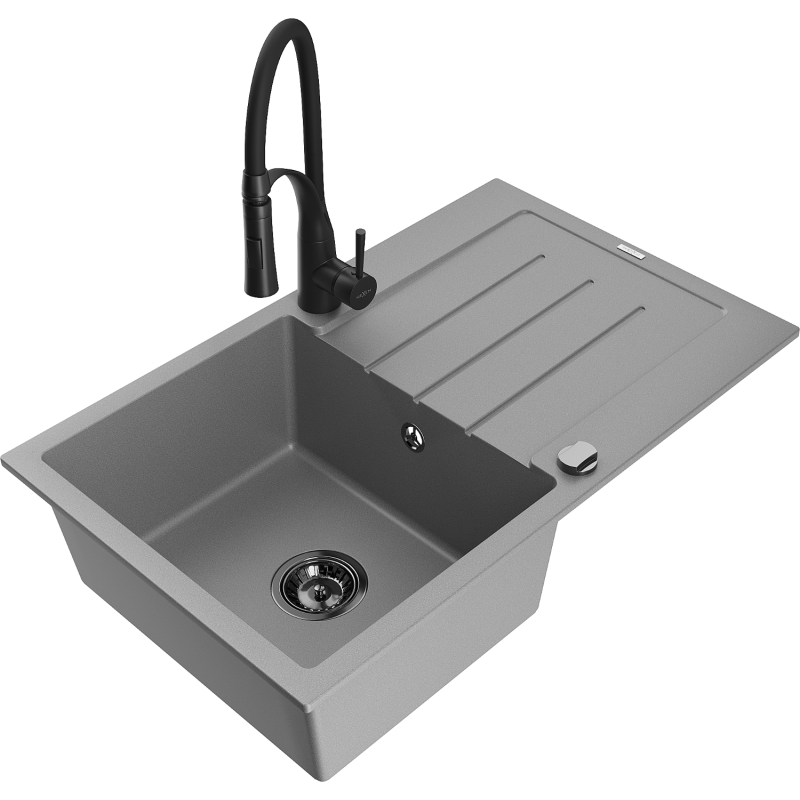 Mexen Bruno 1-compartment granite sink with a drip tray and kitchen mixer tap Aster, Grey - 6513-71-73450-70-B