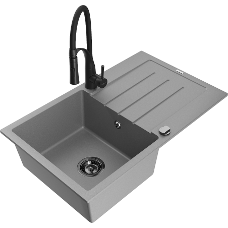 Mexen Bruno 1-bowl granite kitchen sink with drainer and Aster kitchen faucet, gray - 6513-71-73450-70-B