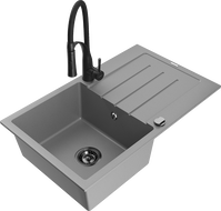 Mexen Bruno 1-bowl granite sink with drainer and Aster kitchen faucet, gray - 6513-71-73450-70-B