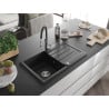 Mexen Bruno granite sink 1-bowl with drainer and Aster kitchen tap, black/silver metallic - 6513-73-73450-07