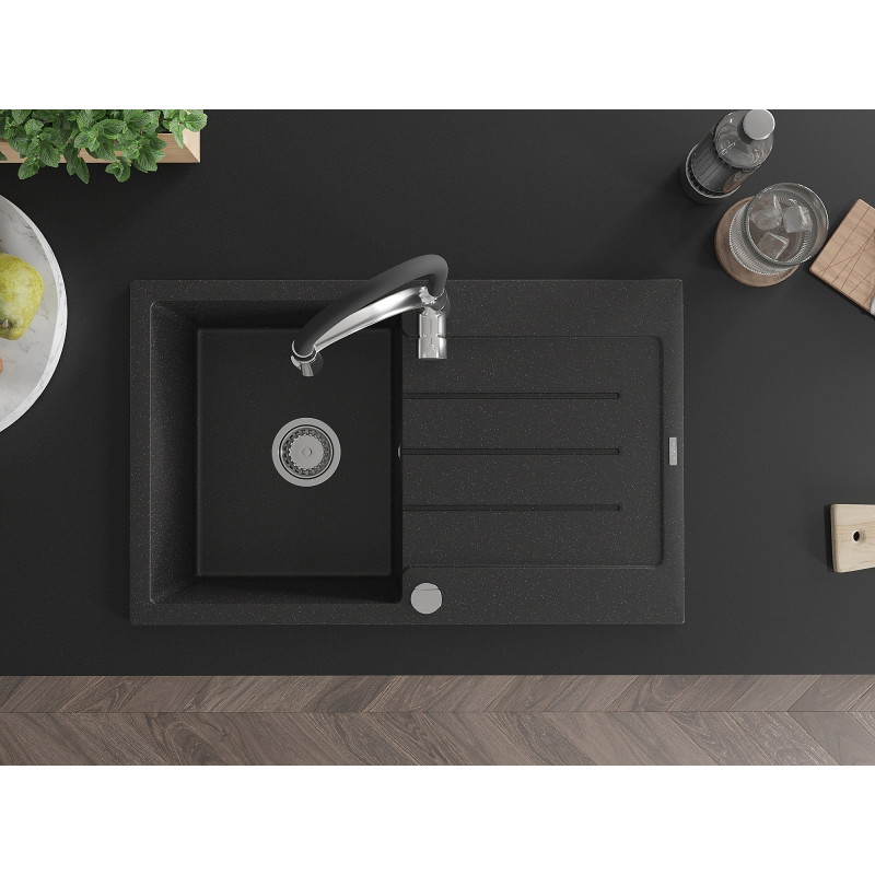 Mexen Bruno granite single-bowl sink with drainer and kitchen faucet Aster, black/silver metallic - 6513-73-73450-07