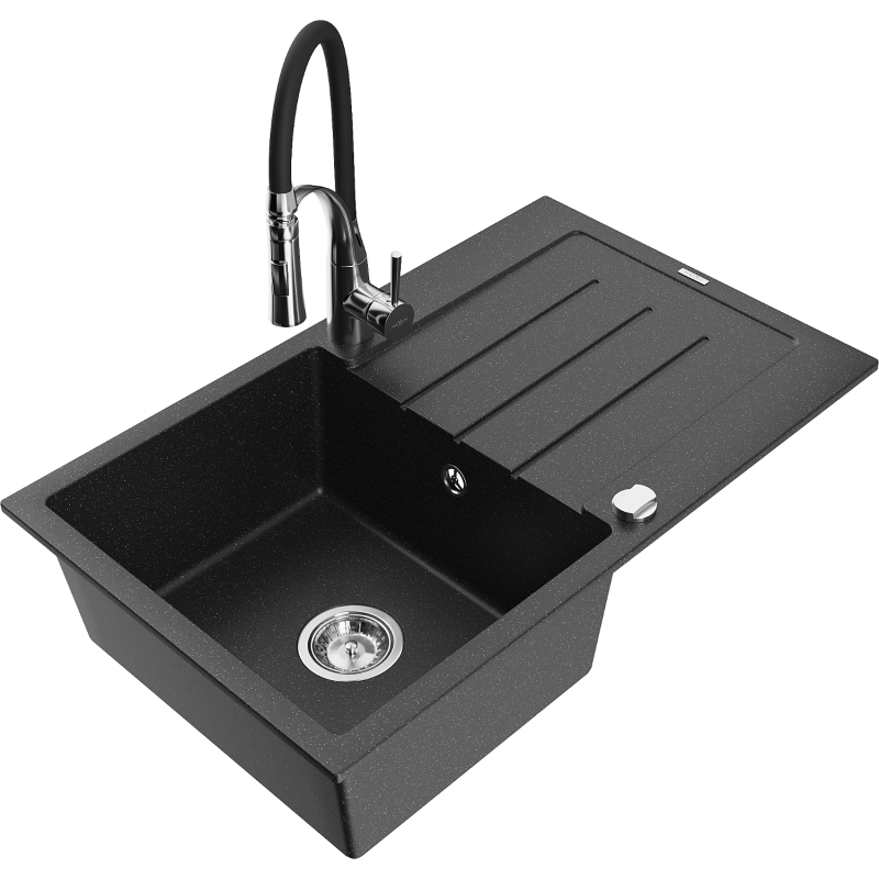 Mexen Bruno 1-compartment granite sink with a drip tray and kitchen mixer tap Aster, Black/Silver metallic - 6513-73-73450-07
