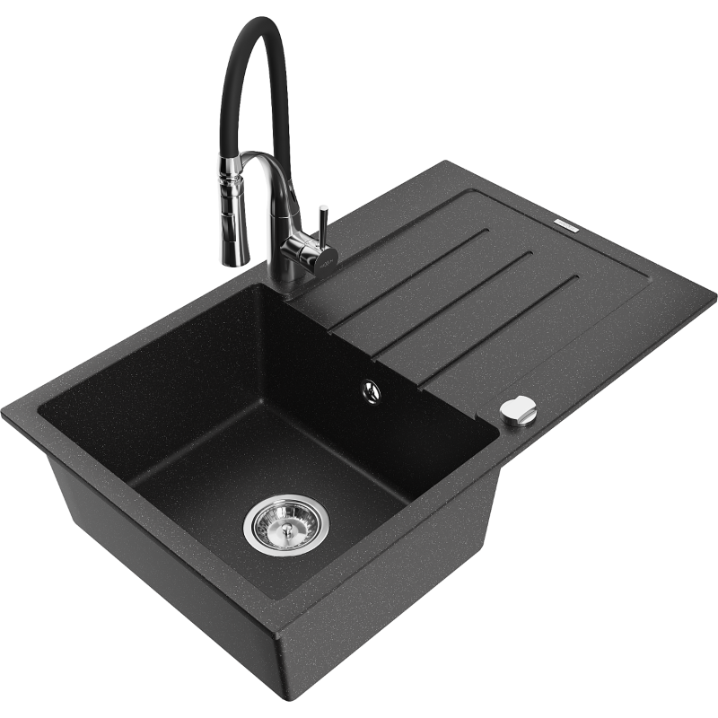 Mexen Bruno granite sink 1-bowl with drainer and Aster kitchen tap, black/silver metallic - 6513-73-73450-07