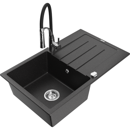 Mexen Bruno granite single-bowl sink with drainer and kitchen faucet Aster, black/silver metallic - 6513-73-73450-07