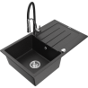 Mexen Bruno granite kitchen sink 1-bowl with drainer and Aster kitchen faucet, black/silver metallic - 6513-73-73450-07