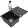 Mexen Bruno granite sink 1-bowl with drainer and Aster kitchen tap, black/silver metallic - 6513-73-73450-07