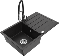 Mexen Bruno granite kitchen sink 1-bowl with drainer and Aster kitchen faucet, black/silver metallic - 6513-73-73450-07