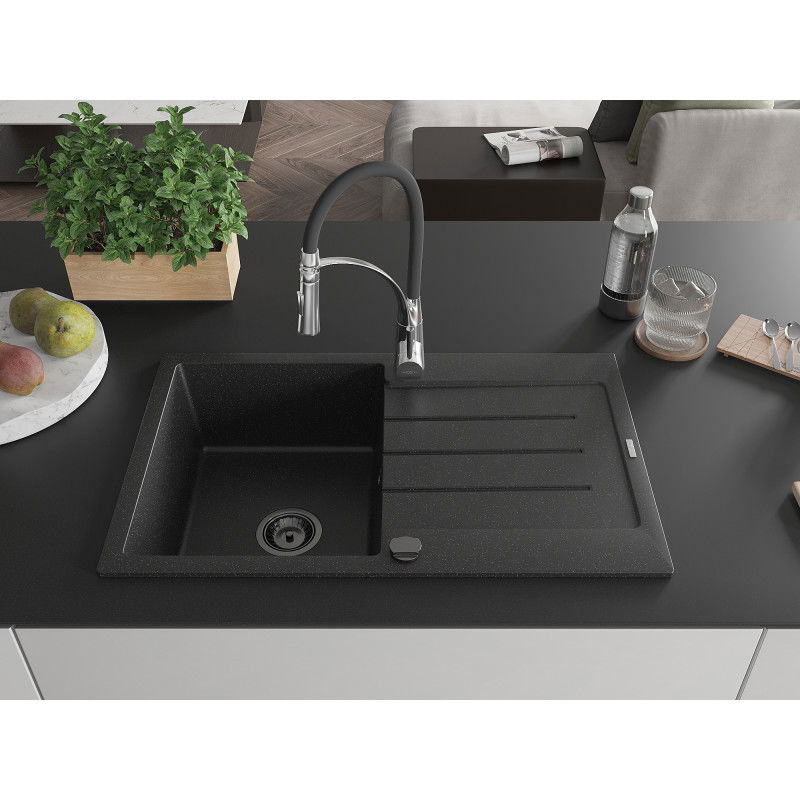 Mexen Bruno granite sink 1-bowl with drainer and Aster kitchen tap, black/silver metallic - 6513-73-73450-07-B