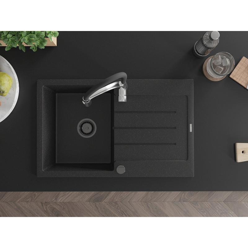 Mexen Bruno granite sink 1-bowl with drainer and kitchen faucet Aster, black/silver metallic - 6513-73-73450-07-B