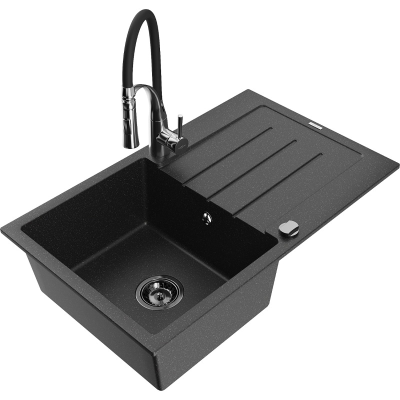 Mexen Bruno granite kitchen sink single-bowl with drainer and Aster kitchen faucet, black/silver metallic - 6513-73-73450-07-B