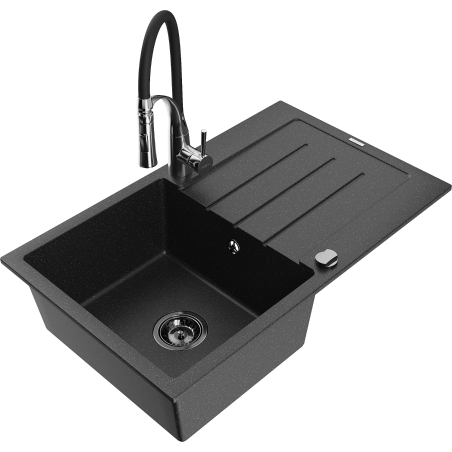 Mexen Bruno granite sink 1-bowl with drainer and kitchen faucet Aster, black/silver metallic - 6513-73-73450-07-B