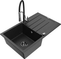 Mexen Bruno granite kitchen sink single-bowl with drainer and Aster kitchen faucet, black/silver metallic - 6513-73-73450-07-B