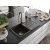 Mexen Bruno granit sink 1-bowl with drainer and Aster kitchen faucet, black/silver metallic - 6513-73-73450-57-G