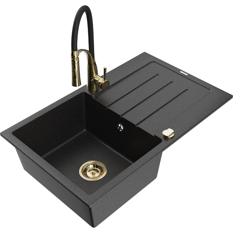Mexen Bruno 1-compartment granite sink with a drip tray and kitchen mixer tap Aster, Black/Silver metallic - 6513-73-73450-57-G