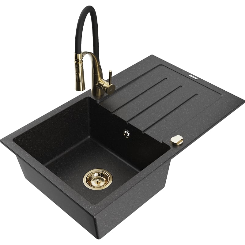 Mexen Bruno granit sink 1-bowl with drainer and Aster kitchen faucet, black/silver metallic - 6513-73-73450-57-G