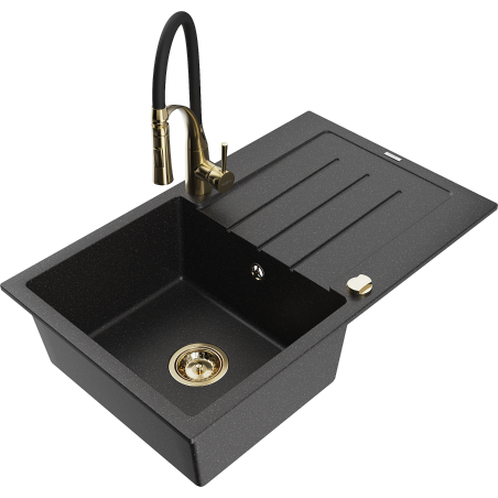 Mexen Bruno granit sink 1-bowl with drainer and Aster kitchen faucet, black/silver metallic - 6513-73-73450-57-G