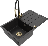 Mexen Bruno granit sink 1-bowl with drainer and Aster kitchen faucet, black/silver metallic - 6513-73-73450-57-G