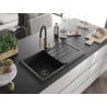 Mexen Bruno 1-bowl granite sink with drainer and Aster kitchen tap, black/silver metallic - 6513-73-73450-57-B
