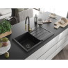 Mexen Bruno granite kitchen sink 1-bowl with drainer and Aster kitchen faucet, black/silver metallic - 6513-73-73450-57-B