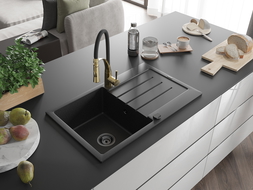 Mexen Bruno 1-bowl granite sink with drainer and Aster kitchen tap, black/silver metallic - 6513-73-73450-57-B