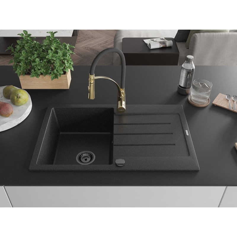 Mexen Bruno granite kitchen sink 1-bowl with drainer and Aster kitchen faucet, black/silver metallic - 6513-73-73450-57-B