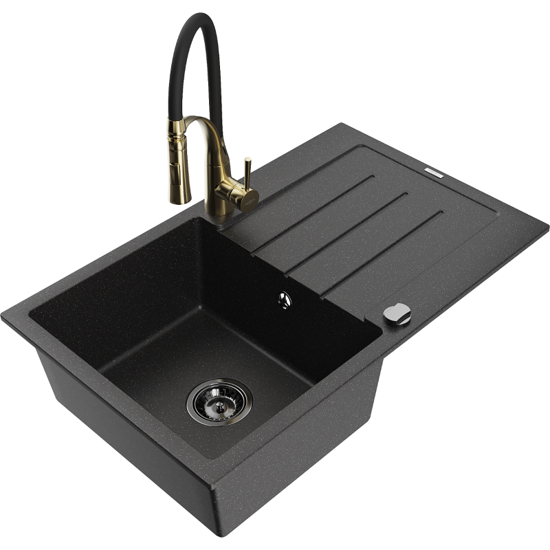 Mexen Bruno 1-bowl granite sink with drainer and Aster kitchen tap, black/silver metallic - 6513-73-73450-57-B
