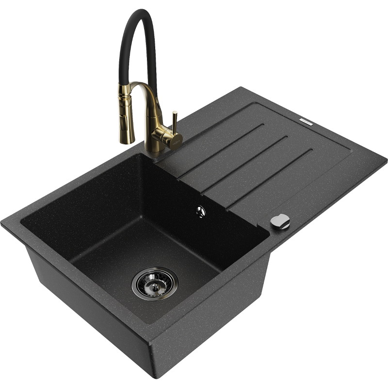 Mexen Bruno granite kitchen sink 1-bowl with drainer and Aster kitchen faucet, black/silver metallic - 6513-73-73450-57-B
