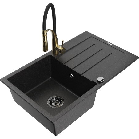 Mexen Bruno 1-bowl granite sink with drainer and kitchen faucet Aster, black/silver metallic - 6513-73-73450-57-B